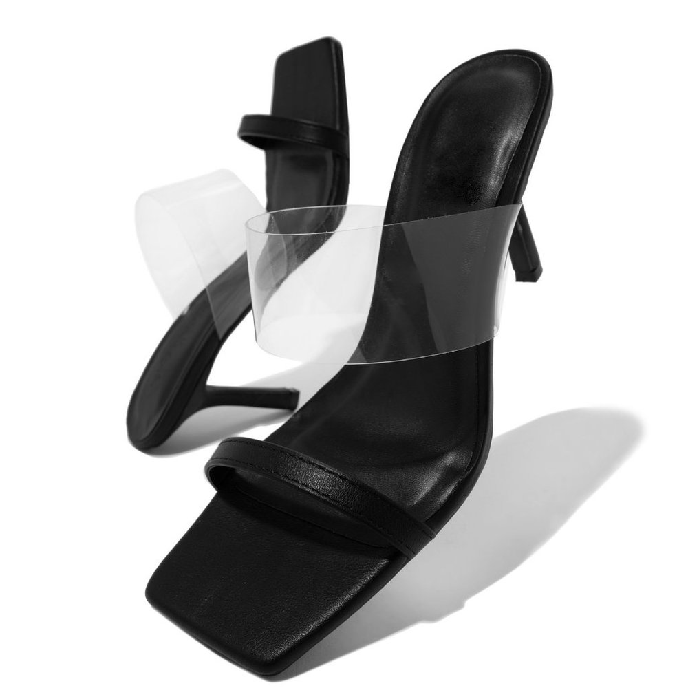 NEW🔥 Black Transparent Clear Open Toe Stiletto High Heel Mules Sandals - Picture 5 of 7